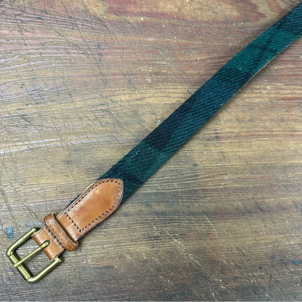 Polo Ralph Lauren PRL Plaid Wool Leather Belt Size 38 Blackwatch